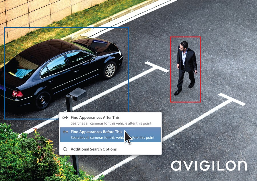 Security camera footage displaying Avigilon’s face and vehicle recognition analytic tools.